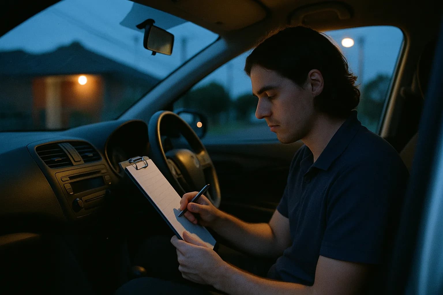 A young support worker writing progress notes on a clipboard in a parked car outside a suburban home at dusk