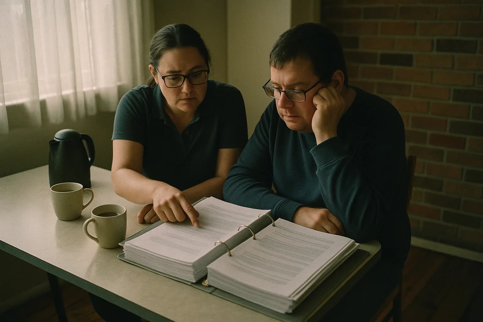 A support worker and an NDIS participant reviewing a binder of policy documents at a kitchen table
