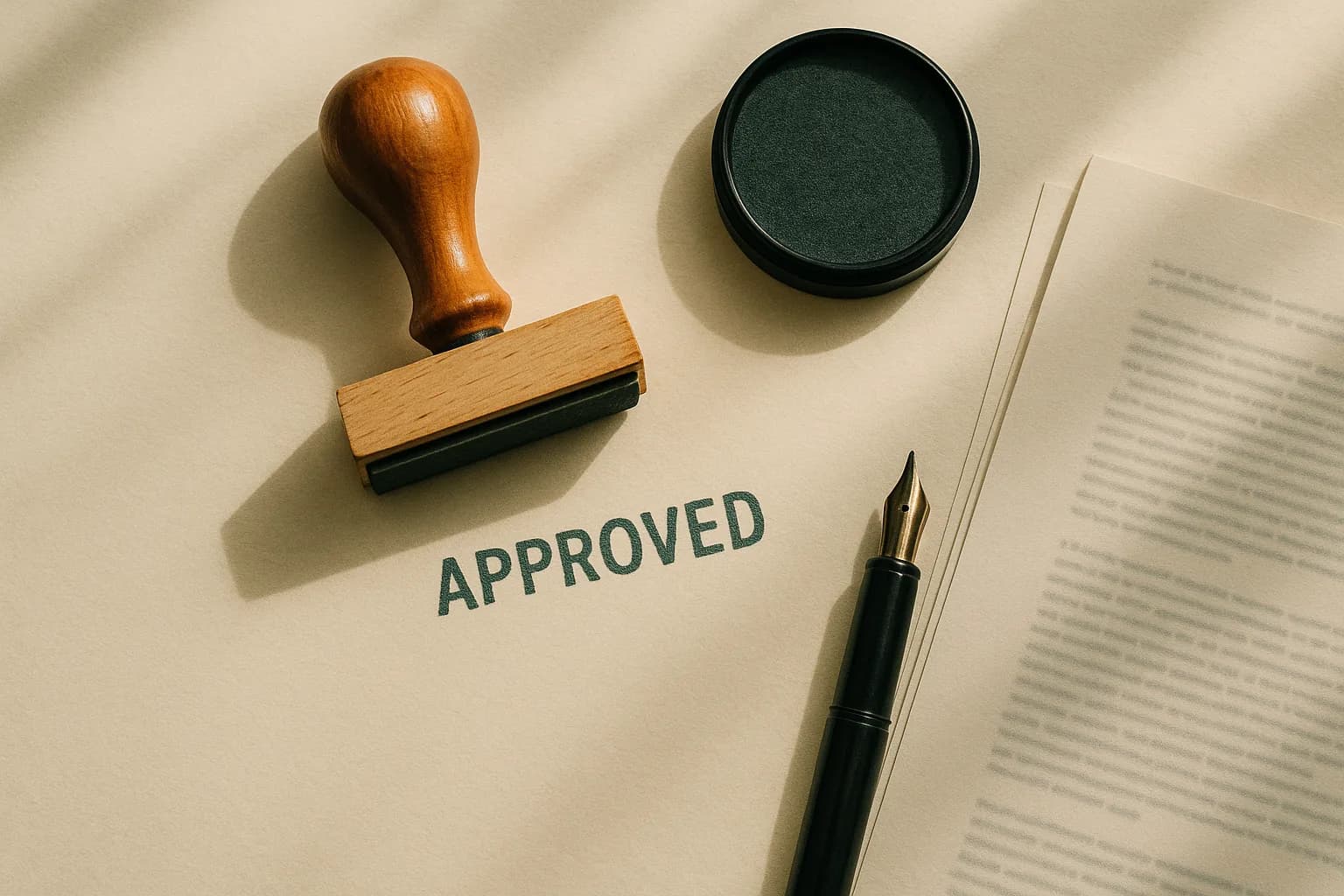 A wooden rubber stamp having printed APPROVED in green ink beside an ink pad, a fountain pen and a printed policy document